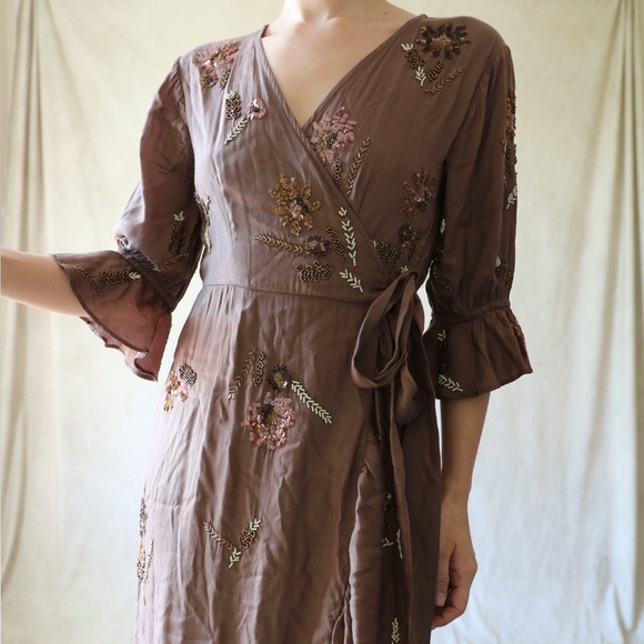 Anthropologie Let Me Be Beaded Sequined Wrap Dress in Dark Brown - Picture 4 of 7